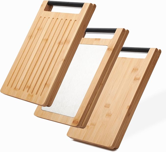 Multifunctional Bamboo Cutting Board – Minimal Scandinavian Design, 5-in-1 Foldable Kitchen Chopping Board with Stainless Steel Inlet & Grooves for Bread, Vegetables, Meat, and Fish