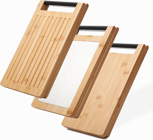 Multifunctional Bamboo Cutting Board – Minimal Scandinavian Design, 5-in-1 Foldable Kitchen Chopping Board with Stainless Steel Inlet & Grooves for Bread, Vegetables, Meat, and Fish