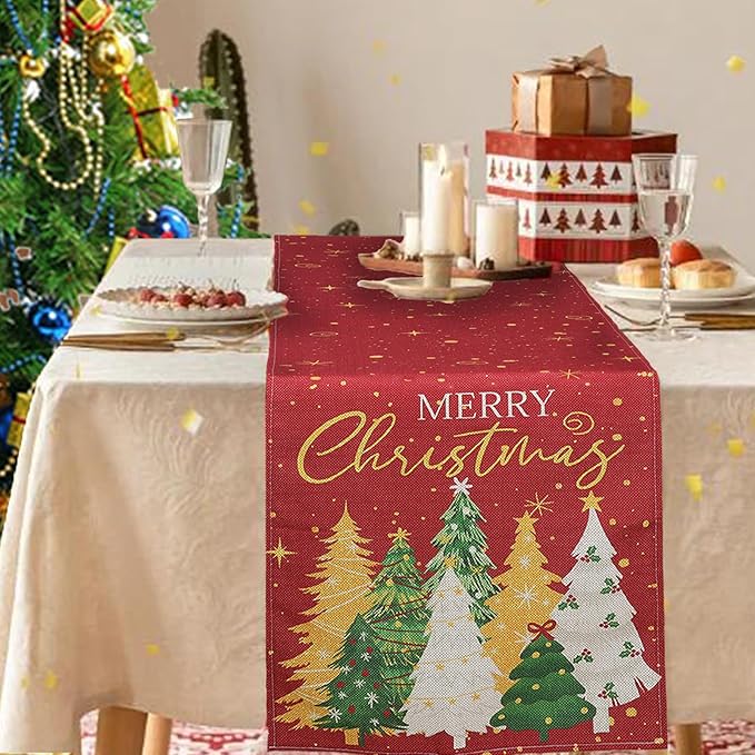 Christmas Table Runner Linen Red Snowflake Winter Table Runners with 8 Colorful Trees,Xmas Dinner Holiday Theme Table Kitchen Dining Table Decor （13 x 72 Inch）
