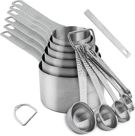 18/8 Stainless Steel Measuring Cups and Spoons Set 14 for Baking & Kitchen, Metric & US Metal 6 Measuring Cups and 7 Measuring Spoons with 1 Leveler