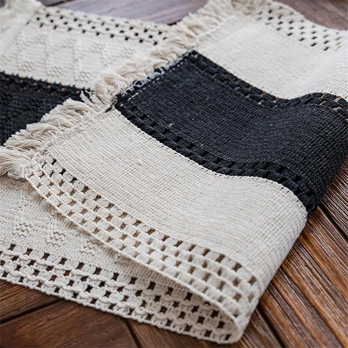 Alynsehom Macrame Table Runner Cream Beige and Black Boho Table Runners with Tassels Hand Woven Cotton Table Runner Rustic Farmhouse Table Runners for Bohemian Kitchen Dining Table(12x36in)