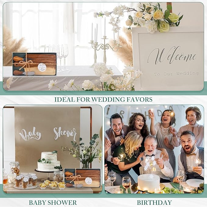80 Sets Bridal Baby Shower Cheese Prizes Wooden Square Board Gift Set Knives Forks Thank You Tags with Box for Guests for Valentines Bridal Baby Shower Housewarming (Acacia Wood)