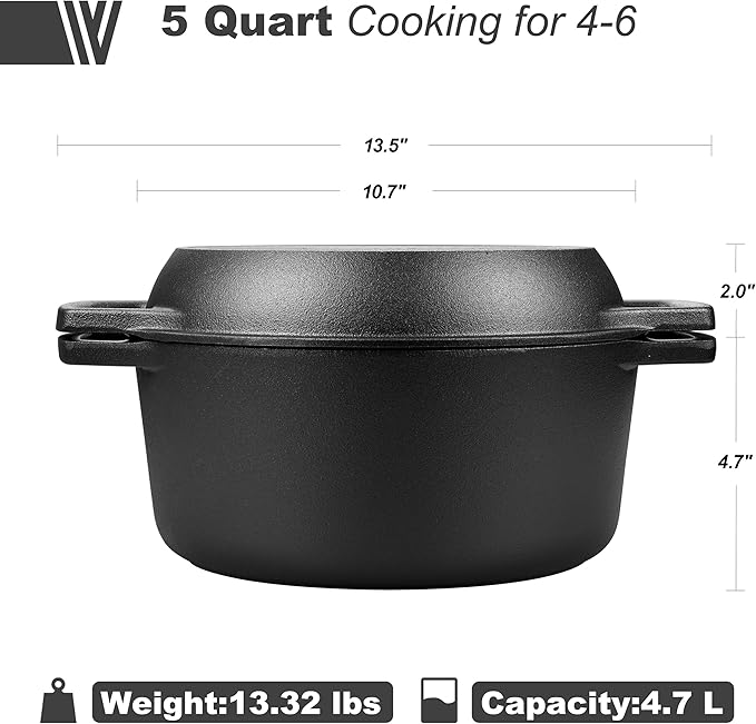 VORRINGARD Pre-seasoned Cast Iron Double Dutch Oven Pot with Skillet Lid, Dual-handle, for Bread Baking, Outdoor, Campfire Cooking, include Sourdough Bread Baking Supplies like Banneton Bread Proofing Basket, 5 Quart