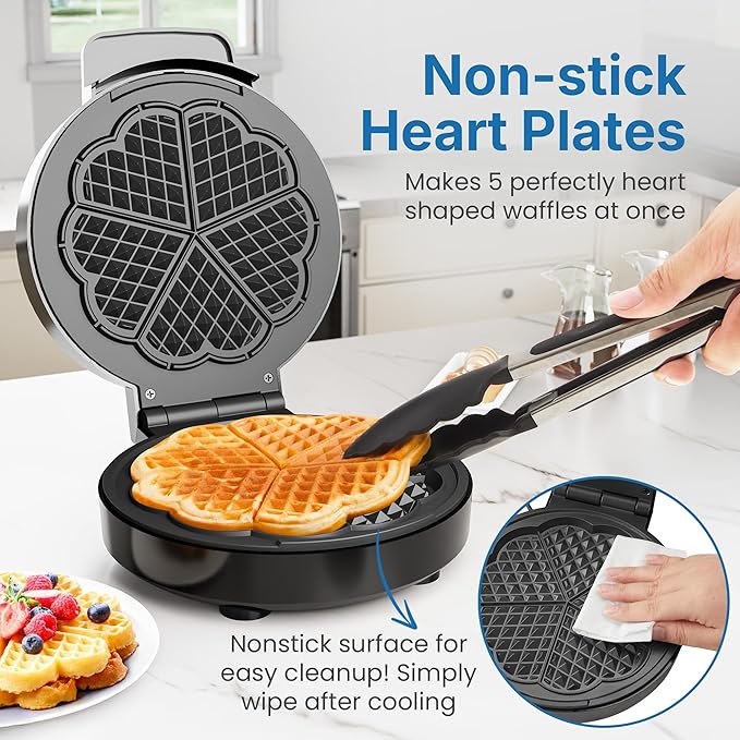 Heart Electric Waffle Iron: Belgian Waffle Maker with Temperature Control Knob, Waffle Machine with Nonstick Plates Easy Clean, Breakfast Maker for Kids and Families, Stainless Steel