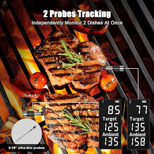 Wireless Meat Thermometer with Smart Alerts & 800Ft Bluetooth Range - 2 Probes Grill Thermometer with Standalone Base, NIST Certified ±0.5°F Accuracy, LCD Backlit Screen for Oven, BBQ, Smoker, Kitchen