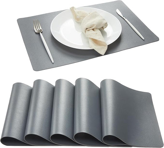 DOLOPL Placemats Set of 6, Wipeable Faux Leather Heat Resistant Table Mats - Anti Slip Table Place Mats, Modern Washable Outdoor Placemats for Kitchen Dining Room Table Decorations(Gray)