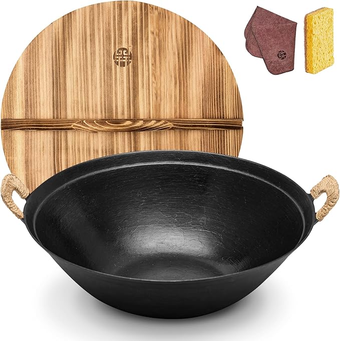 WANGYUANJI 13.4" Flat-Bottom Cast Iron Wok Pan with Lid, Dual Handles, Traditional Handcrafted Chinese Wok, Coating-Free, Not Pre-Seasoned, Works with Induction/Gas/Ceramic