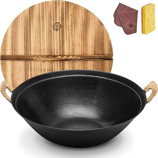 WANGYUANJI 14.2 inch Flat-Bottom Cast Iron Wok Pan with Lid, Dual Handles, Traditional Handcrafted Chinese Wok, Coating-Free, Not Pre-Seasoned — Works with Induction/Gas/Ceramic Cooktops