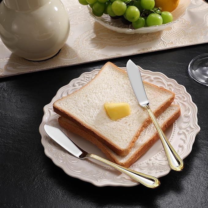 KEAWELL Premium Pearl Edge Butter Knives, 4-Piece Set, 18/10 Stainless Steel, 6.9 Inches, Dishwasher Safe. (Gold Accent)