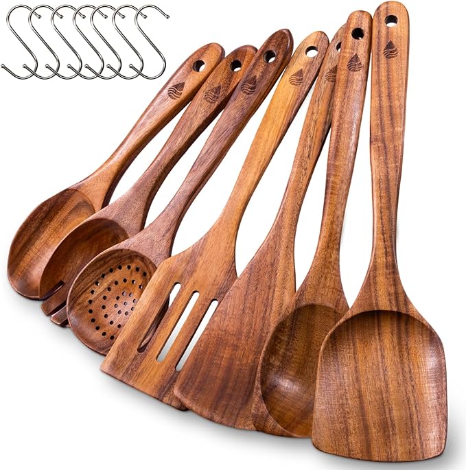 7 Piece Wooden Spoons for Cooking, Natural Teak Wooden Utensils Set, Handmade Wood Kitchen Utensil Set with Hooks, Durable Nonstick, Comfort Grip, Heat Resistant Wood Cookware Tool