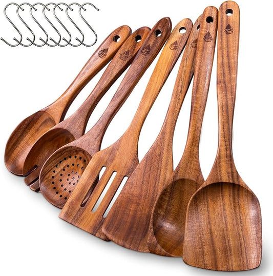 7 Piece Wooden Spoons for Cooking, Natural Teak Wooden Utensils Set, Handmade Wood Kitchen Utensil Set with Hooks, Durable Nonstick, Comfort Grip, Heat Resistant Wood Cookware Tool