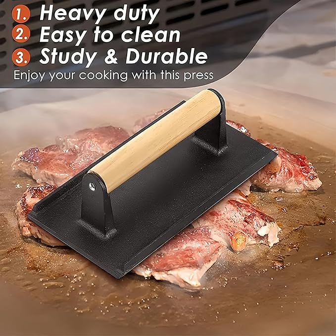 Cast Iron Grill & Bacon Press, Family-Sized Rectangle Smash Burger Press with Wood Handle, 2.4LB Heavy Duty Weight for Indoor/Outdoor Cooking, Creates Perfect Grill Marks Every Time