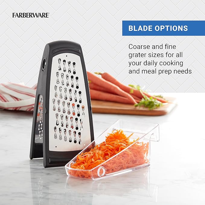 Farberware Professional Stainless Steel Grater with Container, Coarse and Fine Blades, Nonslip Base, Easy-Grip Handle, Dishwasher Safe