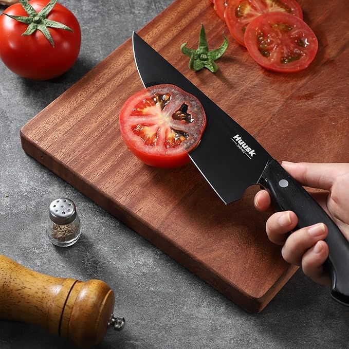Huusk Japanese Chef Knife for Kitchen - 8in Stainless Kitchen Knife with Black Titanium Coating, All Purpose Cooking Knives for Vegetable & Meat Cutting, Ultra Sharp Gyuto Knives, Men's Christmas Gift
