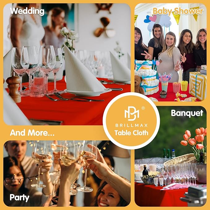 BRILLMAX 4 Pack Red Tablecloths 90 x 156 Inch for 8ft Rectangle Tables - 150 GSM Polyester Fabric, Floor Length Drop, Water, Stain & Wrinkle Resistant Cloth Cover for Wedding Reception Banquet