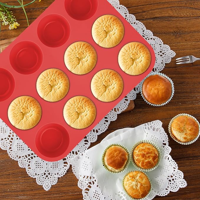 Aschef 9in1 Nonstick Silicone Baking Bundt Cake Pan Cookie Sheet Molds Tray Set for Oven, BPA Free Heat Resistant Bakeware Tools Kit for Muffin Loaf Bread Pizza Cheesecake Cupcake Pie Utensils, Red