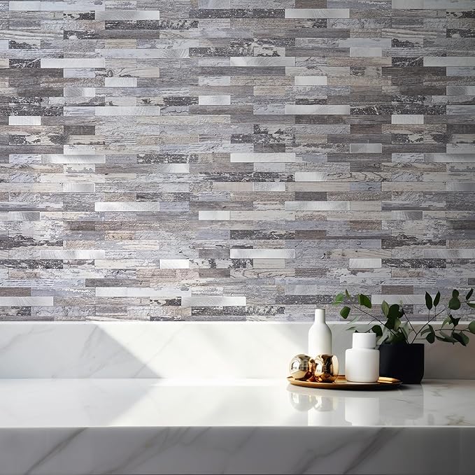 2 Sheets Peel and Stick Backsplash, Distressed Wood with Metal Silver Self Adhesive Wall Tiles Upgrade Your Kitchen Backsplash, RV, Fireplace