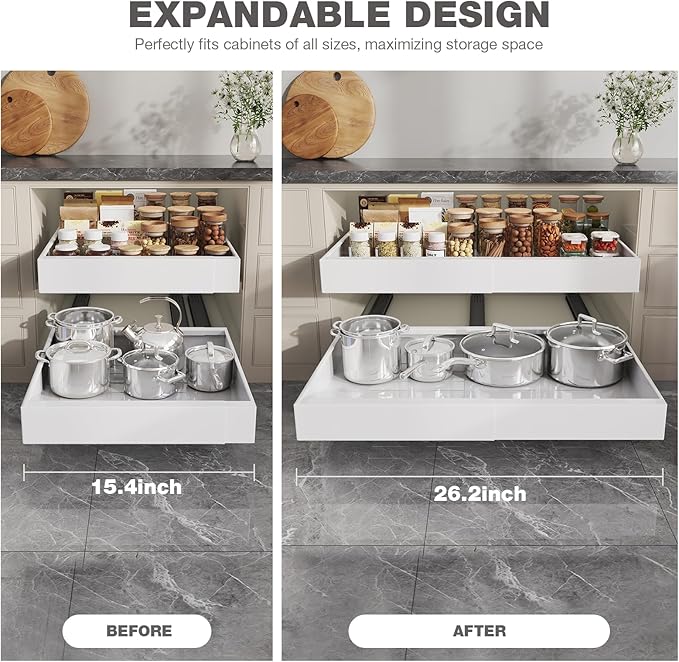 2 Pack Pull Out Cabinet Organizer 19" Deep,Full Extension 3 Slide Rails Slide Out Drawers With Raising Pad for Framed Cabinets,Expandable Width (15.4"-26.2"),No Drill Roll Out shelf,White