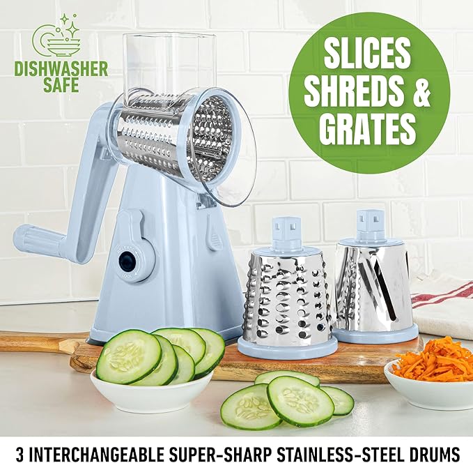 EMSON Rotary Cheese Grater Hand Crank, Stainless Steel Rotary Graters for Kitchen with 3 Blades, Vegetable Slicer, Cheese Shredder with Suction Cup Base, Dishwasher Safe