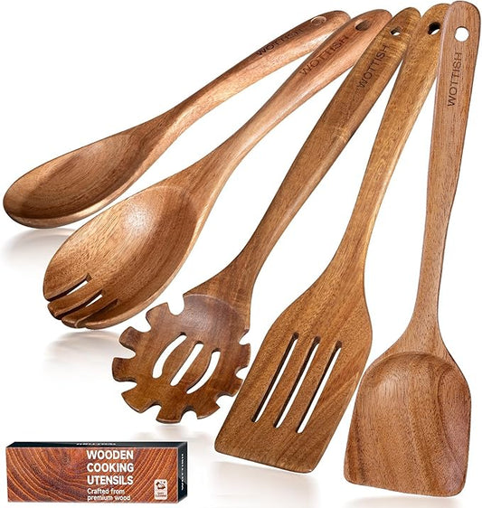 Wooden Spoons for Cooking - 5-Piece Wooden Kitchen Utensil Set made of Natural Solid Wood Material - Includes Salad Spoons, Spaghetti Spoon,Slotted Spatula, Salad Fork, Flat Spatula(A05)