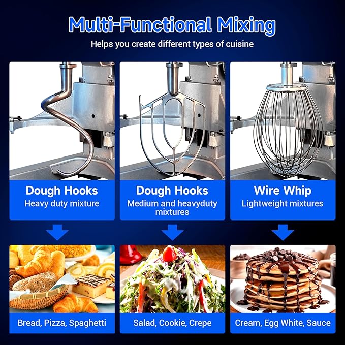EKway Commercial Food Mixer 10Qt,500W Commercial mixer 3-Speed Adjustable with Timing Function, Industrial Dough Mixer with Stainless Steel Bowl for Bakery Pizzeria (Upgrade)