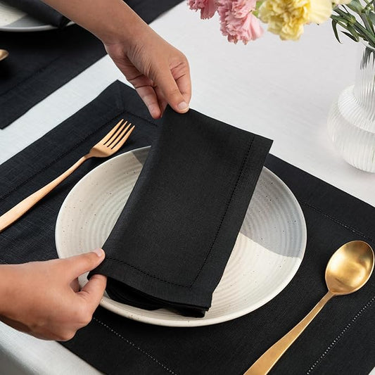 D'Moksha Homes Black Linen Napkins Set of 4 - Classic Hemstitch 100% Pure Linen Hemstitch Dinner Napkins 20 x 20 Inch for Spring, Easter - Handcrafted and Machine Washable