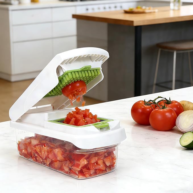 Multifunctional Mandoline Slicer with 7 Blades, Vegetable Chopper Food Cutter with Container, Onion Dicer Potato Grater Salad Prep Tool, Stainless Steel Kitchen Gadgets for Veggie Fruit (White)