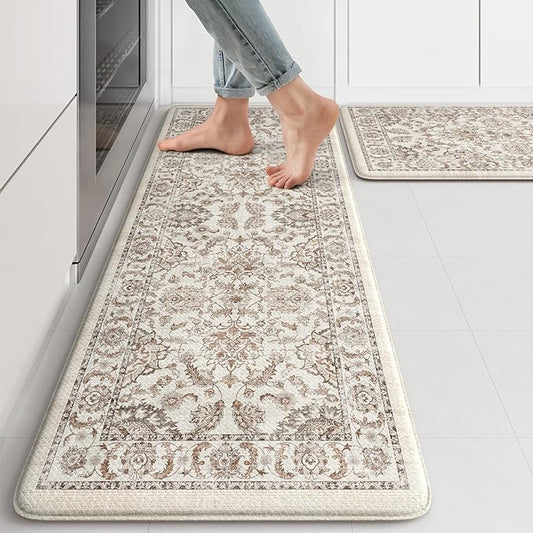 KIMODE Anti Fatigue Mats for Kitchen Floor,Kitchen Rugs Sets of 2 Non Slip,Padded Cushioned Kitchen Floor Mats,Memory Foam Kitchen Mat for Sink Laundry Office Desk,17"x29.5"+17" x47”,Khaki