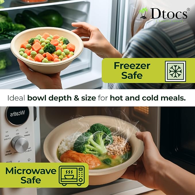 Dtocs Bamboo Fiber Disposable Bowls – 28 Oz, 70 Pk | Eco Friendly Large Bowl | Microwave Safe Bagasse Bowl for Soup, Dessert, Salad bowls | Disposable Dinnerware Alt to Paper, Plastic