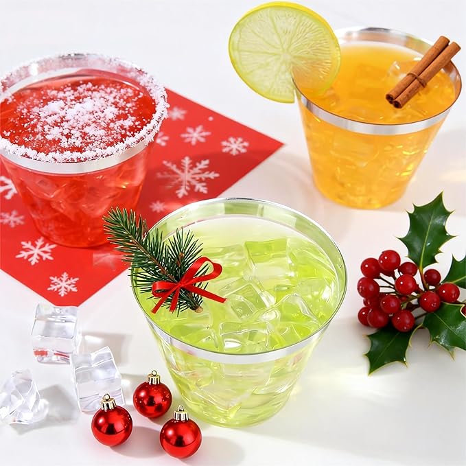 WELLIFE 120PCS Silver Disposable Plastic Cups,9 oz Clear Plastic Cups,Disposable Wine Glasses for Party