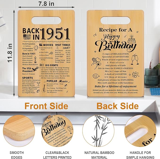 75th Birthday Gifts for Women Men,Back In 1951&Recipe for A Happy Birthday Double sided Cutting Board Gift for Her Him,75th birthday gifts ideas,cool gifts for 75 year old woman