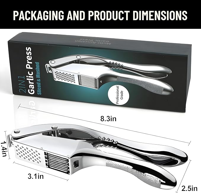 Premium 3-in1Heavy Duty Garlic Press –Stainless Steel Garlic Crusher & Ginger Mincer with Cleaning Tool | Rust-Proof, Easy-Squeeze Ergonomic Handles, Dishwasher Safe, Professional Kitchen Tool