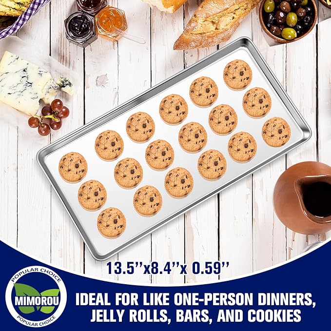 Mimorou 12 Pcs Baking Sheet Stainless Steel Cookie Sheet Small Metal Pans Professional Rectangle Oven Trays Kitchen Baking Cooking Oven and Toaster, Dishwasher Safe (13.5 x 8.4 Inches)