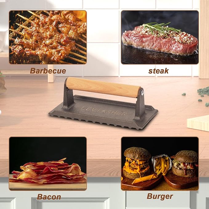 2.2 lb Handheld Heavy Duty Cast Iron Grill Press, 7.8X3.9 inch Rectangle Burger Press with Wood Handle for Blackstone, Griddle, Chef, Camp, Panini, Vegetable, Bacon, Sandwich, BBQ, 2 Pack
