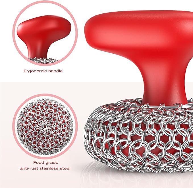 Purgreat Cast Iron Scrubber | Dish Scrub Brush | 316 Cast Iron Cleaner Chainmail Scrubber for Pan Skillet Cleaner - Red