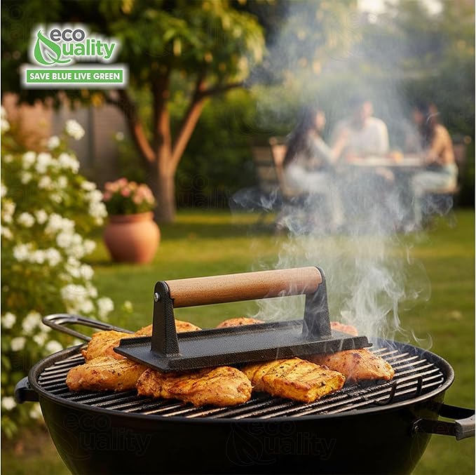 [1 PACK] Rectangle Grill Press with Wooden Handle 9 x 5 inches - Heavy Duty, Bacon Press, Burger Press, Panini Press, Meat Press - Ideal Cast Iron Press for Kitchen & Grill