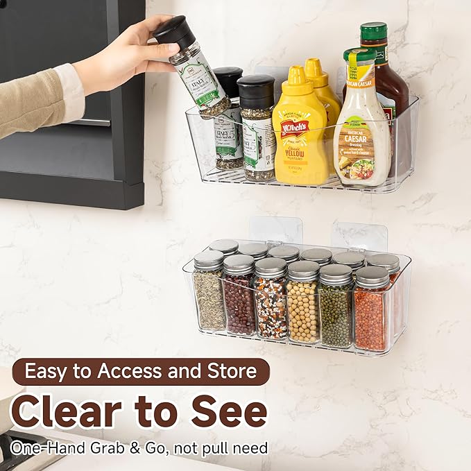 4-Pack Large Cabinet Door Organizer, Wall Mounted Kitchen Cabinet Door Storage, Space Saving, Drain Bottom, Adhesive Clear Plastic Storage Bins for Pantry, Refrigerator, Countertop, Under Sink, rv