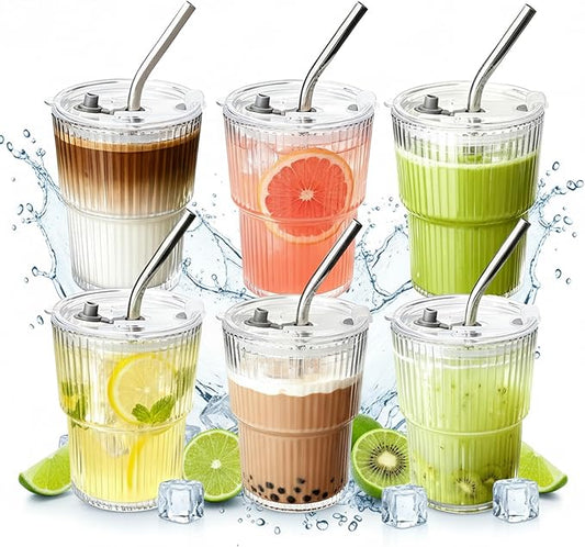 6 Packs Ribbed Glass Tumbler with Lid and Straw Ice Coffee Cup Employee Christmas Appreciation Gift Idea Bulk Team Boss End Year Work Office Staff Coworker Team Group Colleague Teamwork Thank You
