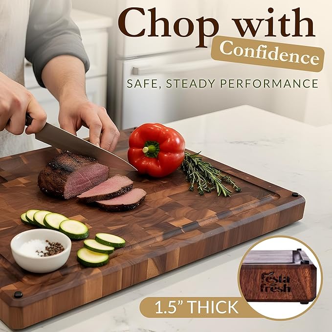 Premium Extra Large Thick End Grain Acacia Wood Cutting Board with Non-Slip Feet, Juice Groove, Sorting Compartments for Kitchen 20x15x1.5