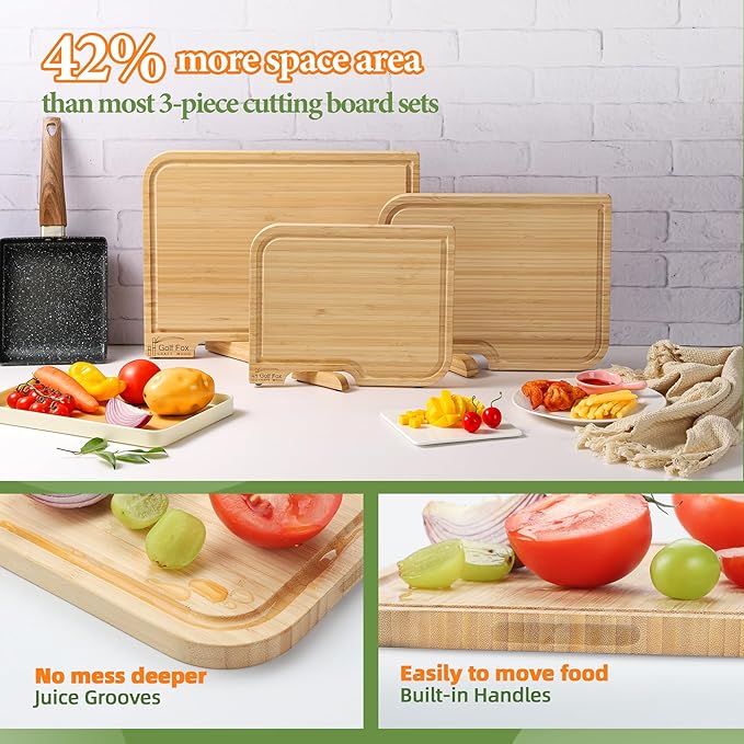 3-PCS Bamboo Cutting Board Set with Innovative Stand - Durable Double Sided Chopping Board with Juice Groove & Handle for Meal Prep, Meat, Fruit, Charcuterie Serving, Eco-Friendly Healthy Kitchen Gift