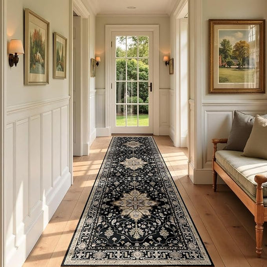 Area Rugs 2'x7' Runner Rug Non Slip Washable for Kitchen Hallway Bedroom Beside Laundry Room Bathroom Rug, Floor Carpet, Black Brown Neutral Dark Tan