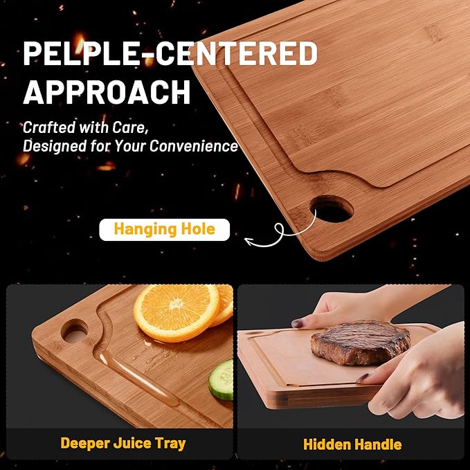 Lacusmall Bamboo Cutting Board, 3 Pcs Cutting Boards for Kitchen with Built-in Handles and Deep Juice Grooves, Wooden Cutting Boards for Separating Meat, Vegetables, fruit, Ideal Kitchen Gift