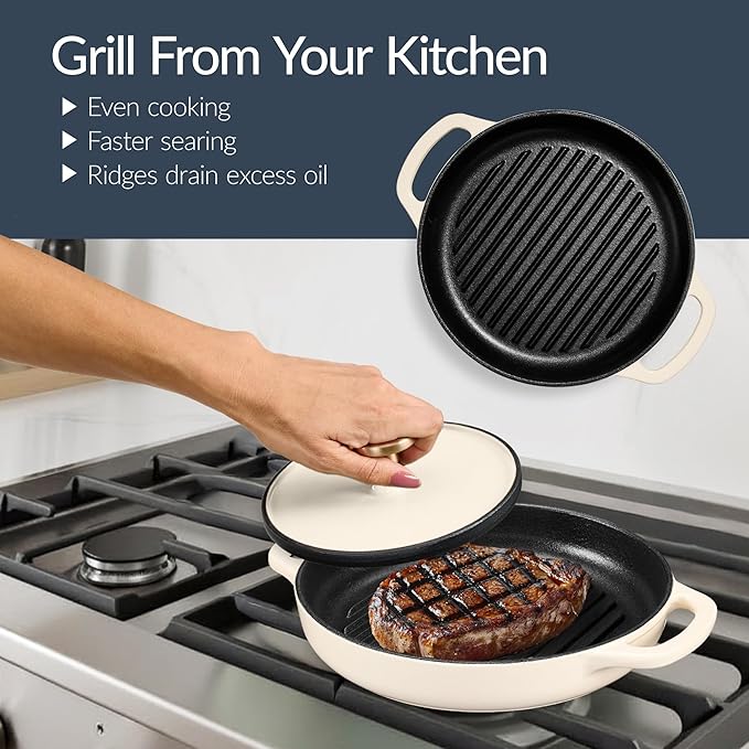 Best Choice Products Non-Stick Pot & Pan Cookware Set, Cast Iron, 2Qt Skillet W/Lid, 10" Grill Or Griddle Pan W/Press, 6Qt Enameled Dutch Oven, Non-toxic, For Cooking & Grilling - Vanilla