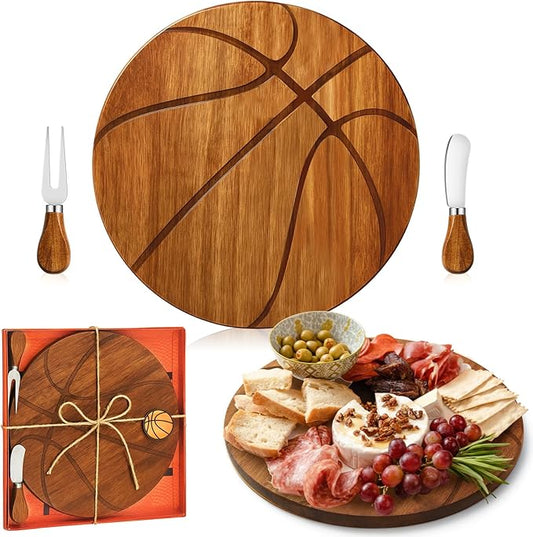 Ziliny Basketball Cheese Board Gift Set Party Favor Prizes Charcuterie Wood Board with Knives and Box Father Day Gift for Dad Grandpa Party Tournament Game (Acacia Wood, Basketball)