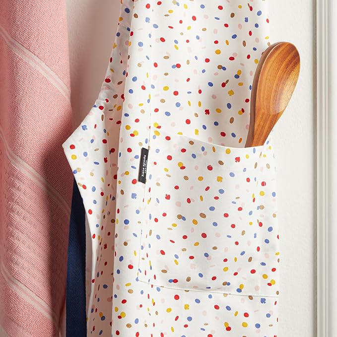 Kate Spade New York Sparkling Confetti Kitchen Apron, 100% Cotton with Adjustable Neck Tie, "Stir Up Trouble" Print, Metallic Accents, Double Pockets, Machine Washable, White, 33"x33"
