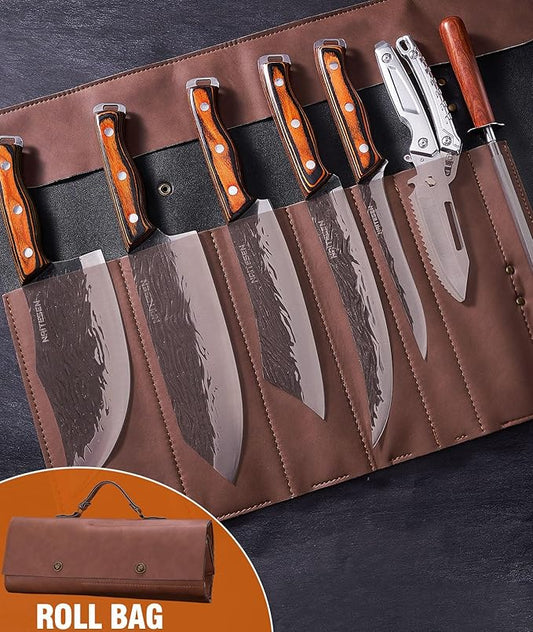 7PCS Hand Forged Butcher Knife and Kitchen Knife 2 in 1 Set with Roll Bag, Heavy Duty Meat Cleaver Serbian Chef Knife Breaking Knife Boning Knife for Meat Cutting BBQ Gifts for Men Women