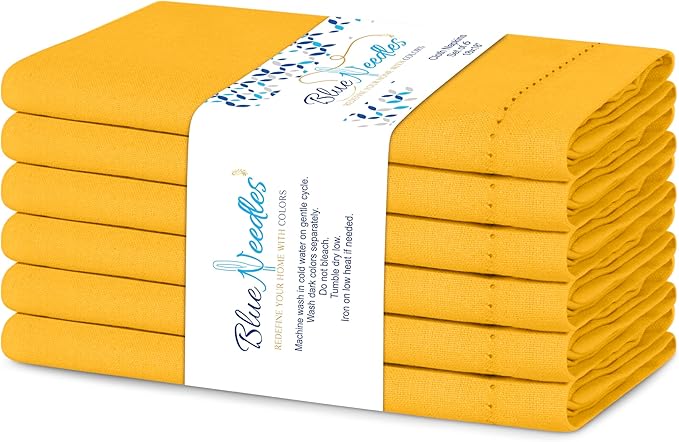 Blue Needles Set of 6 Hemstitch Linen Napkins 100% Cotton Golden Yellow Cloth Dinner Napkins 18x18 inches, Soft, Reusable Absorbent Washable, Ideal for Wedding Events, Parties & Everyday Use
