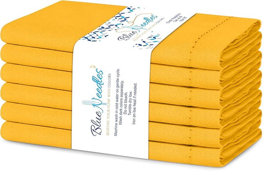 Blue Needles Set of 6 Hemstitch Linen Napkins 100% Cotton Golden Yellow Cloth Dinner Napkins 18x18 inches, Soft, Reusable Absorbent Washable, Ideal for Wedding Events, Parties & Everyday Use