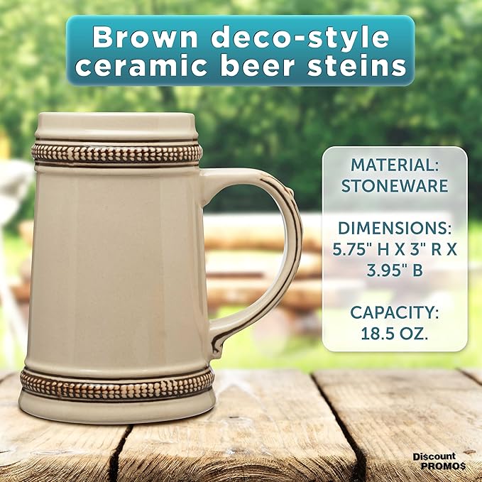 DISCOUNT PROMOS Ceramic German Beer Steins 18.5 oz. Set of 6, Bulk Pack - Restaurant Barware, Great for Oktoberfest, Wedding, Party, Birthday, Events - Brown