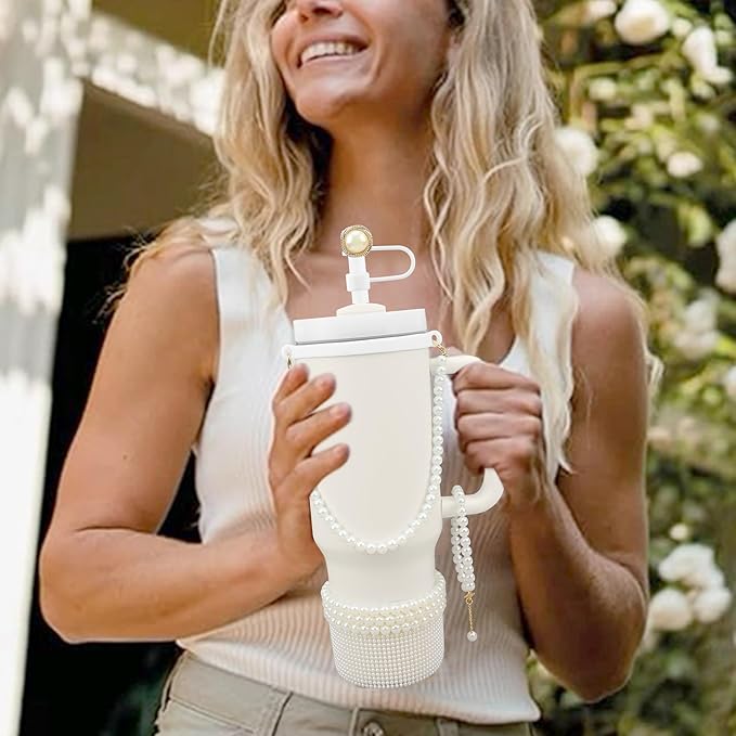 Cup Accessories for Stanley 30/40oz Tumbler containing Pearl Straw Cover Topper, Silicone Cup Boot, Water Bottle Handle Strap& Pearl Bracelets Charms(White Pearls)